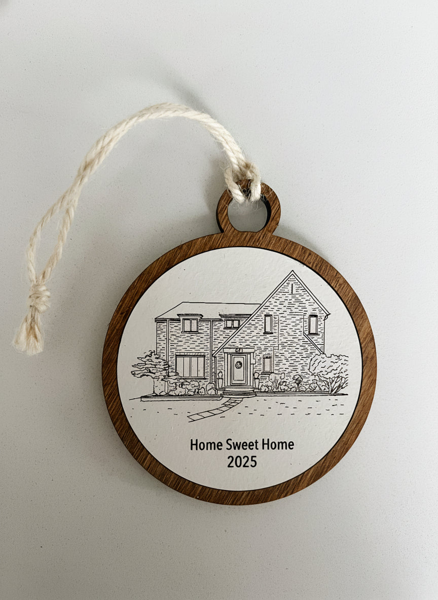 Decorative ornament with a house illustration and 'Home Sweet Home 2025' text on a white background.