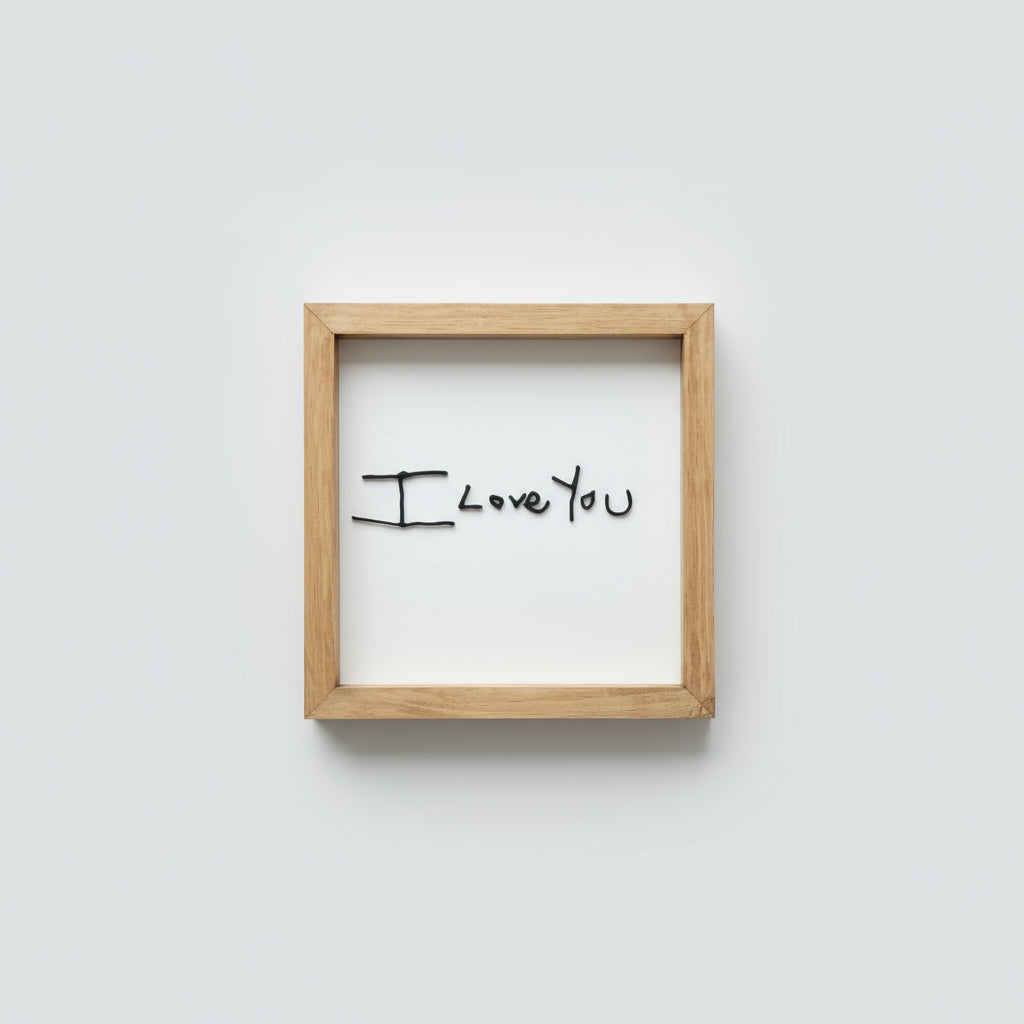 Wooden frame with 'I Love You' text on a white background