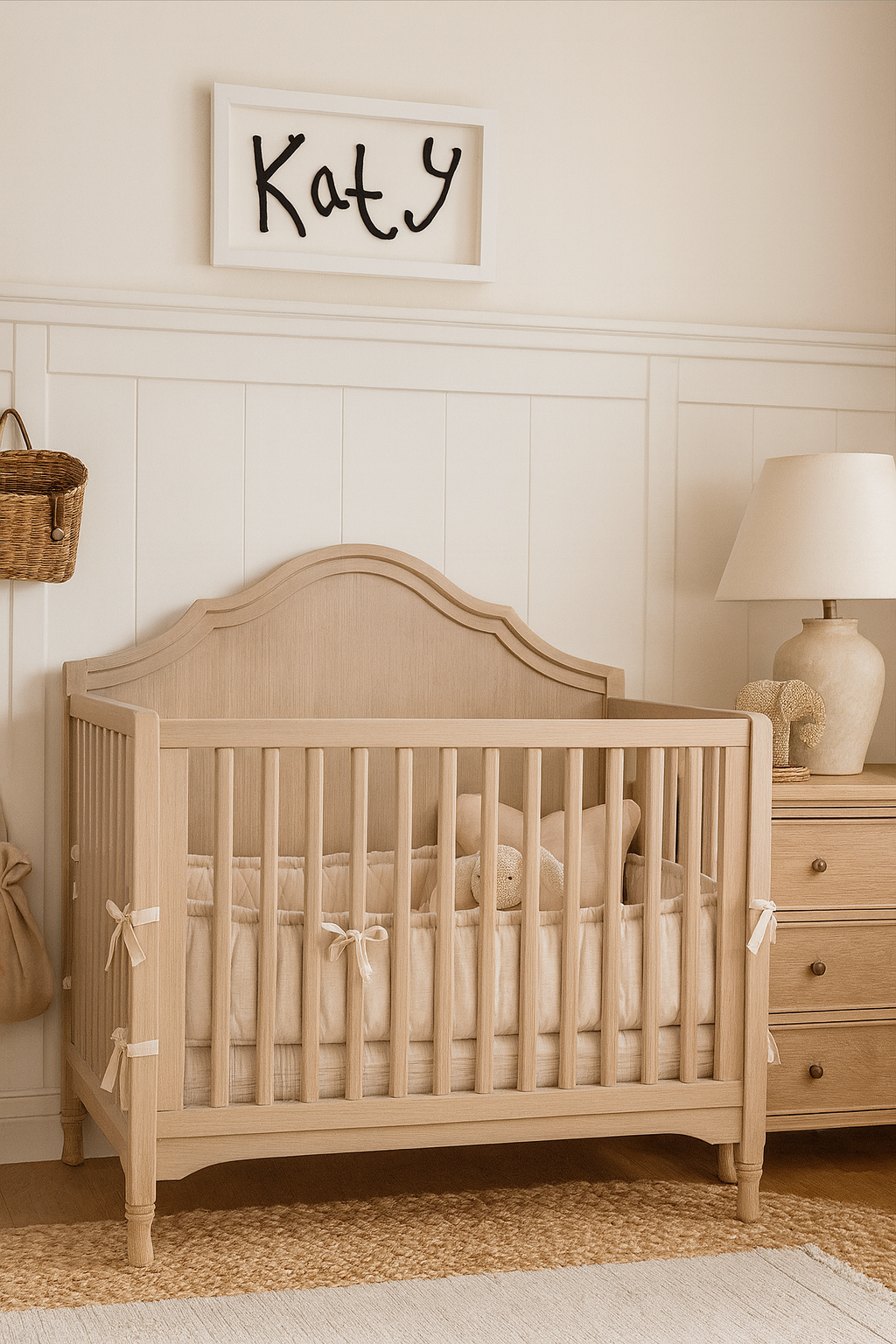Beige crib in a nursery with a nameplate on the wall