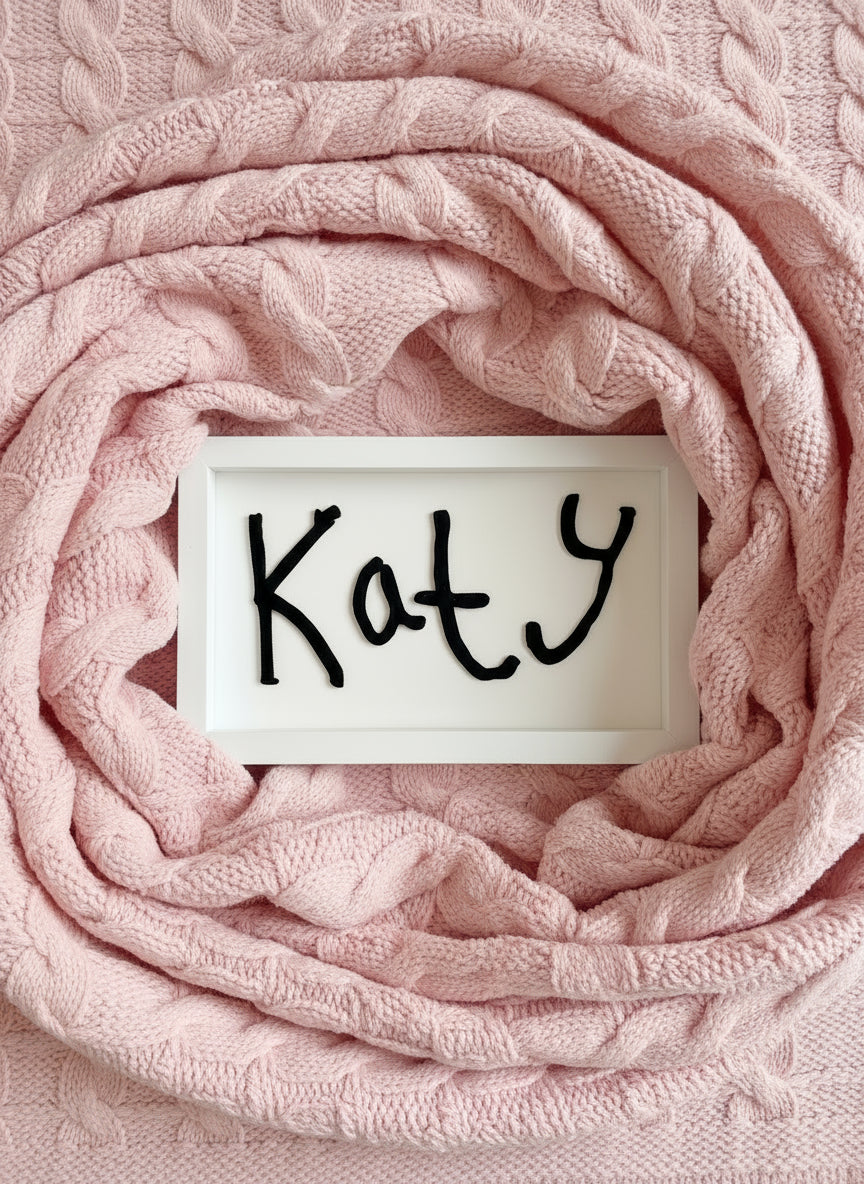 Framed artwork with the name 'Katy' in black ink on a white background