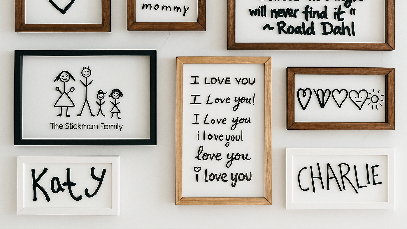 Wall with framed pictures including family illustrations, text, and names.