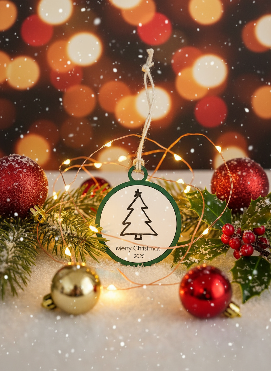Christmas ornament with tree design and 'Merry Christmas 2023' text against a festive background.