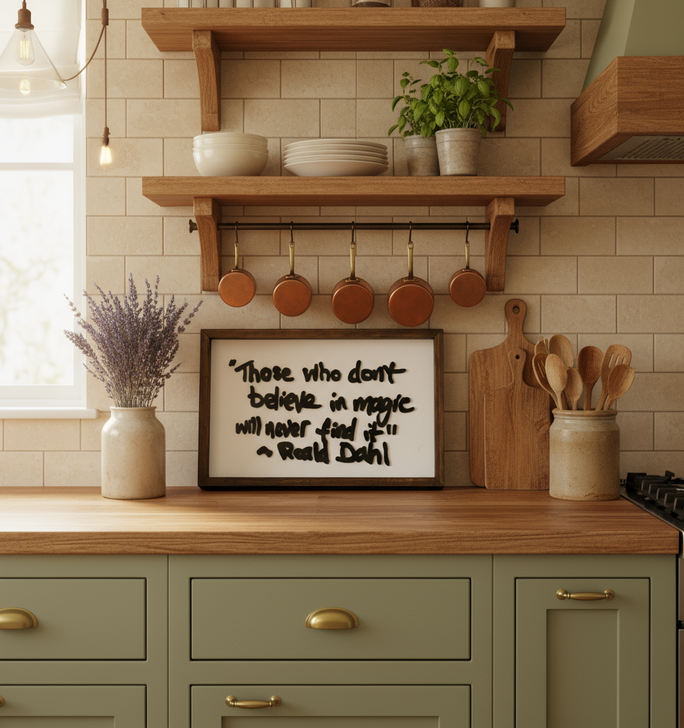 Kitchen interior with wooden shelves, pots, and a handwritten wood quote sign.