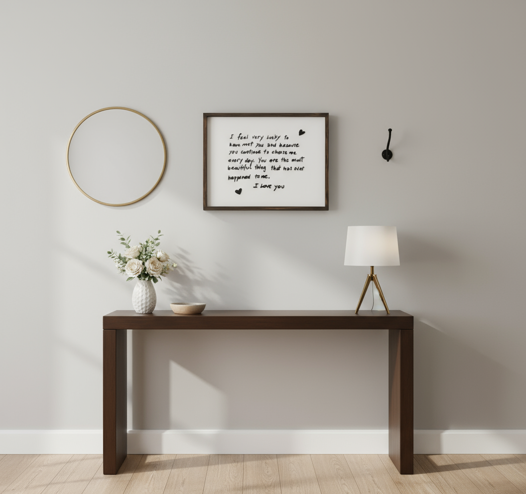 Modern interior with a wooden console table, lamp, and decorative items against a plain wall.