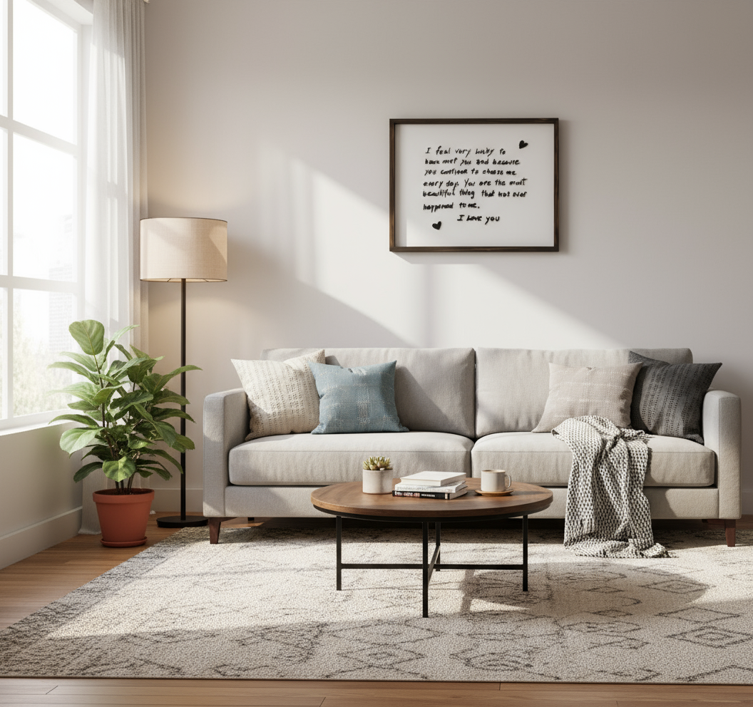 Living room with a gray sofa, round wooden coffee table, and framed artwork on the wall.