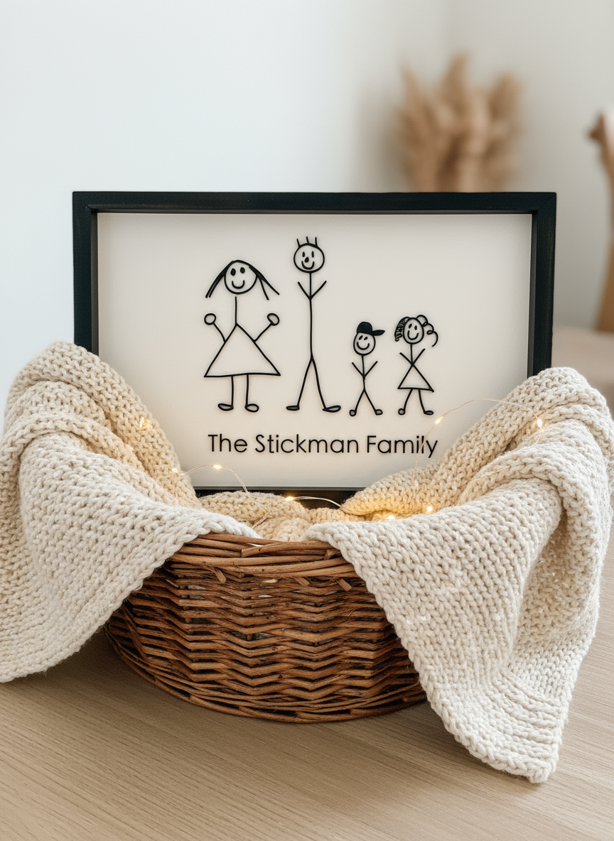 Framed picture of a family with stick figures and 'The Stickman Family' text, draped with a beige blanket.