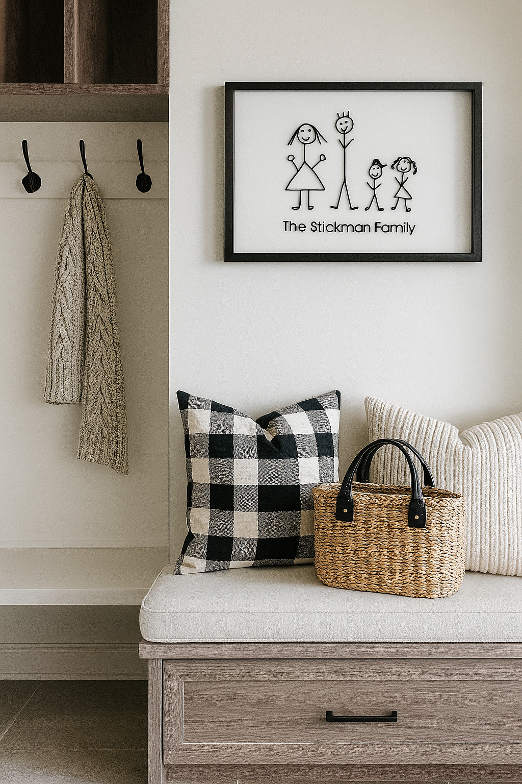 Mudroom with bench, pillows, and a framed picture on the wall.