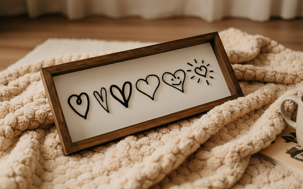 Decorative sign with heart designs on a textured surface