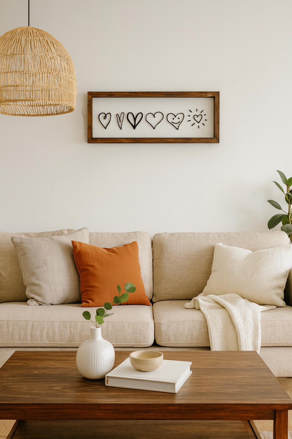 Living room with beige sofa, wooden coffee table, and decorative elements.