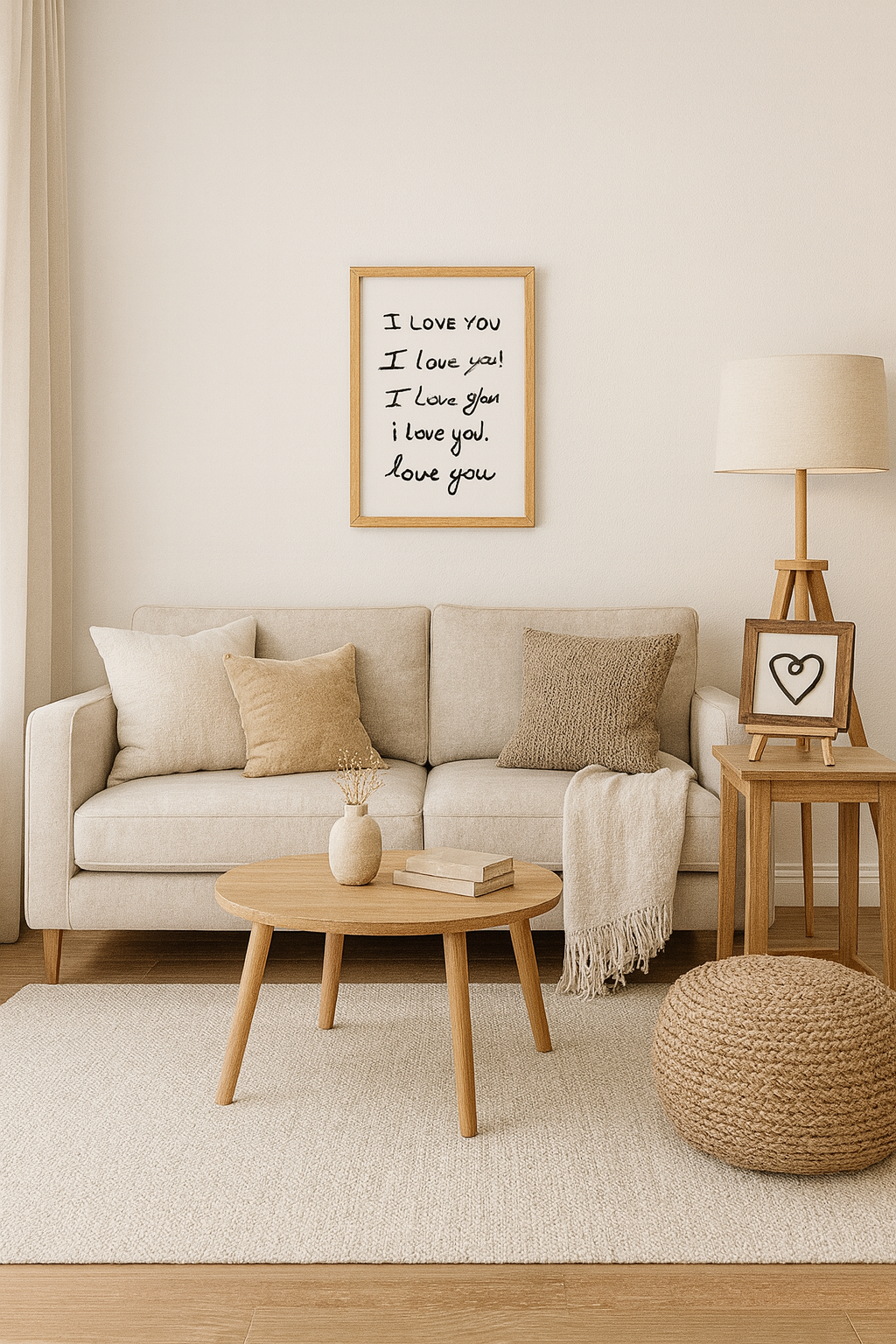 Cozy living room with beige sofa, wooden coffee table, and decorative items.