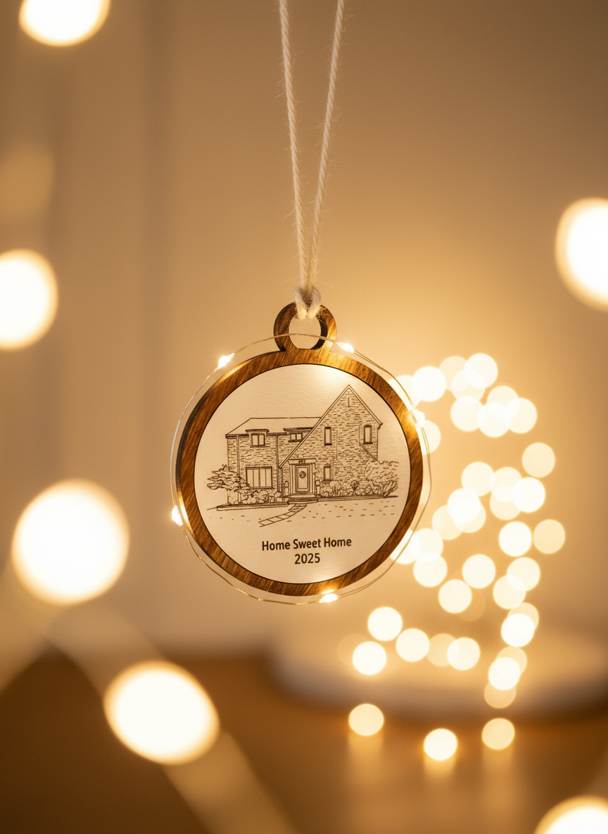 Gold ornament with house illustration and 'Home Sweet Home 2025' text, hanging against a blurred light background.