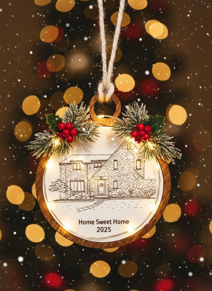 Decorative Christmas ornament with a house illustration and 'Home Sweet Home 2025' text, against a festive background.