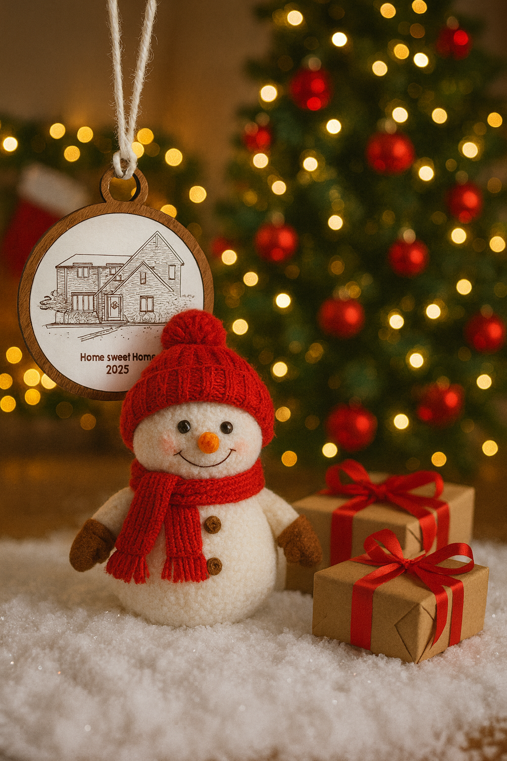 Snowman ornament with a house illustration, gift box, and Christmas tree in the background.