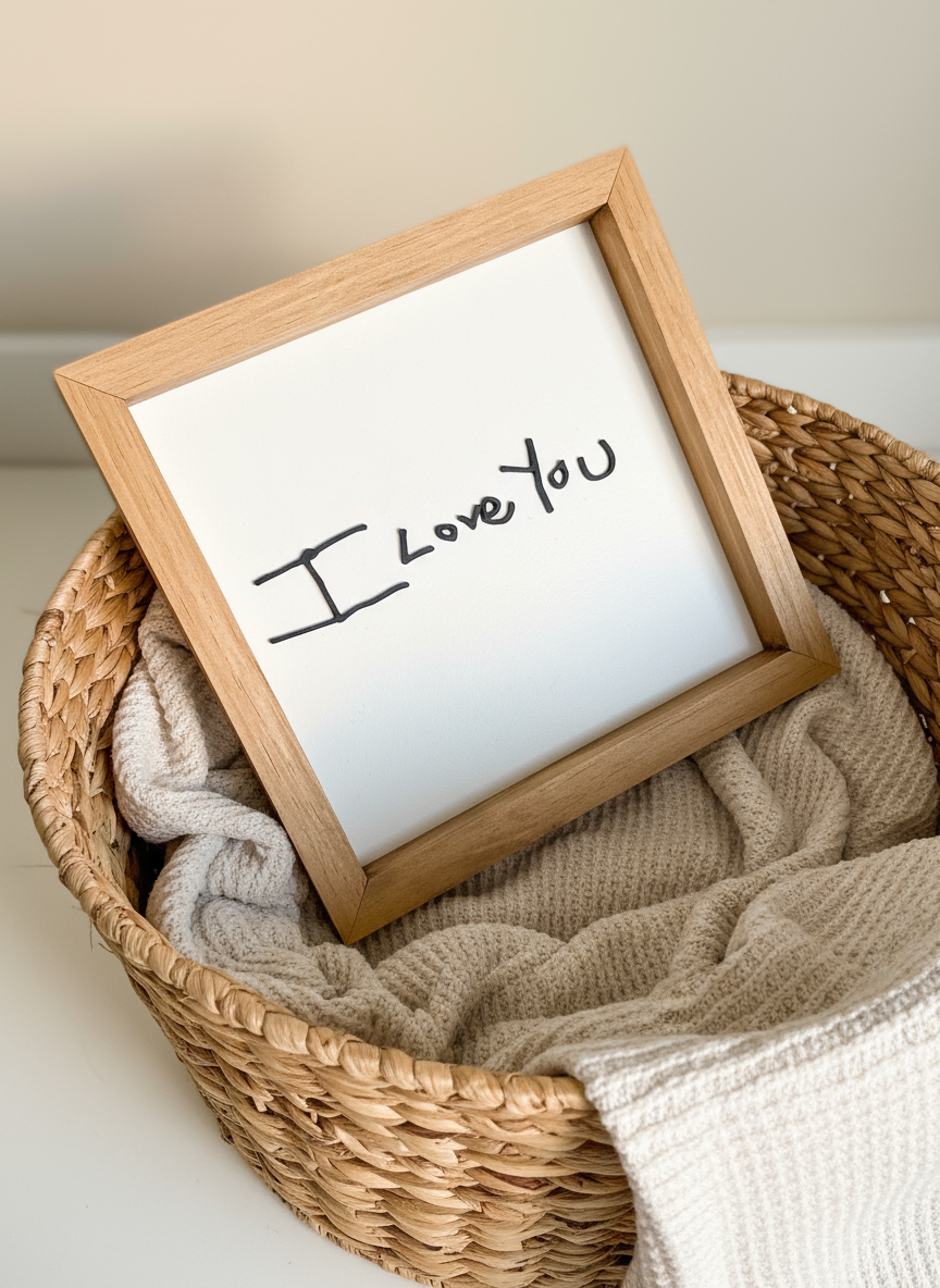 Framed sign with 'I Love You' text on a textured surface