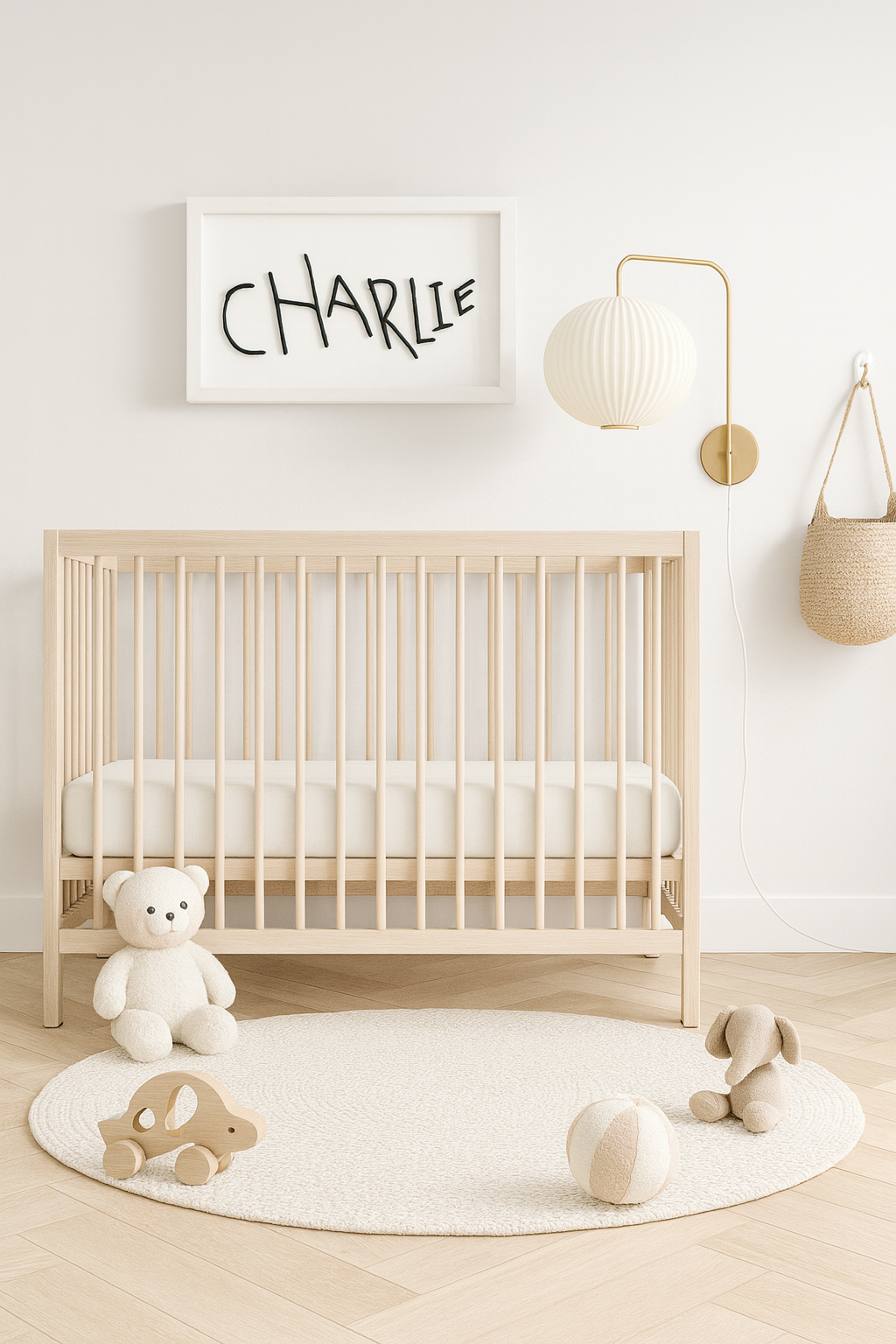 Nursery room with wooden crib, toys, and a framed name 'Charlie' on the wall.