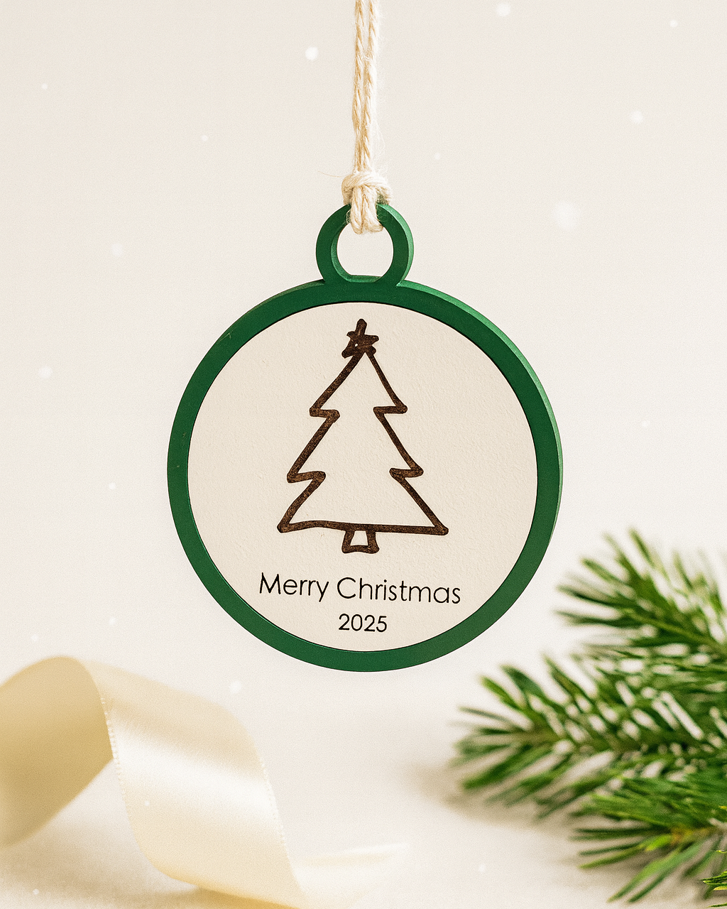 Christmas tree ornament with 'Merry Christmas 2025' text on a white background