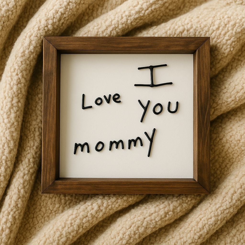 Wooden frame with 'I Love You Mommy' text on a beige fabric background