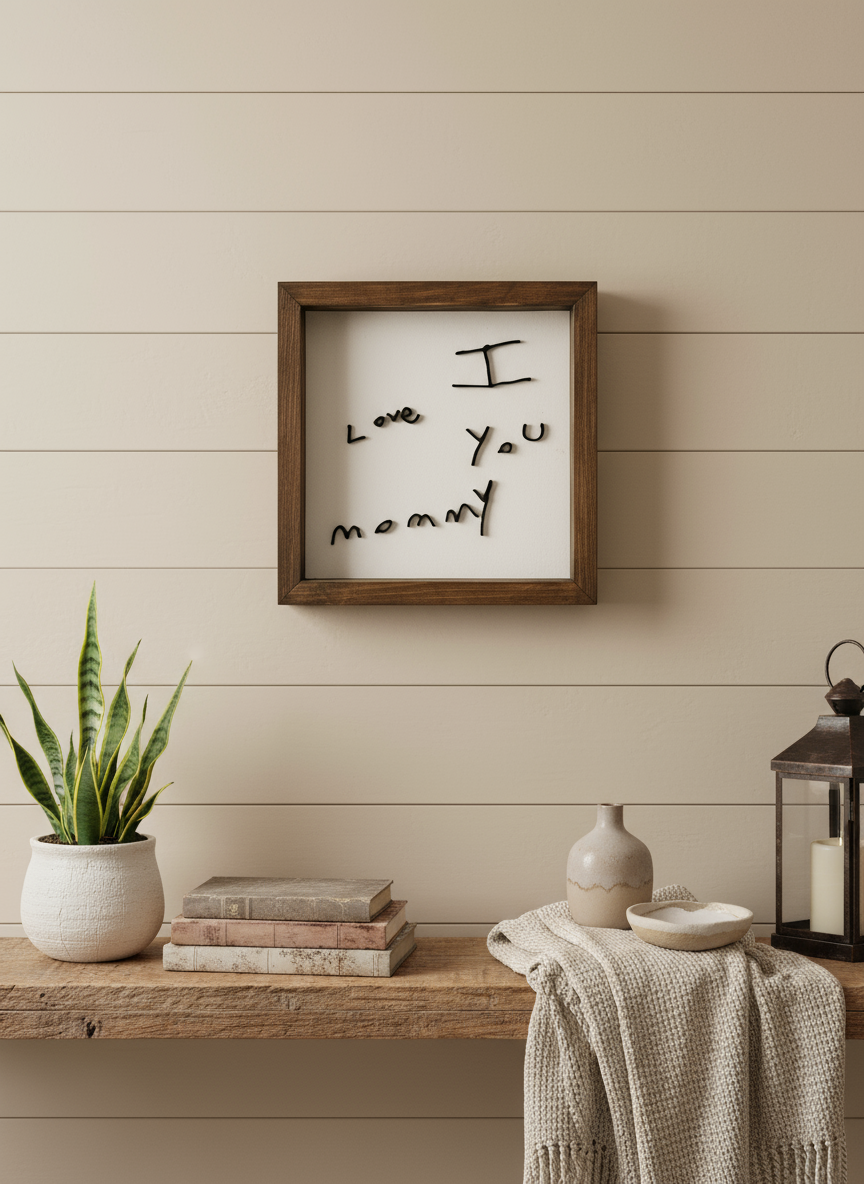 Framed artwork with 'I love you many' on a wooden shelf with decor items.