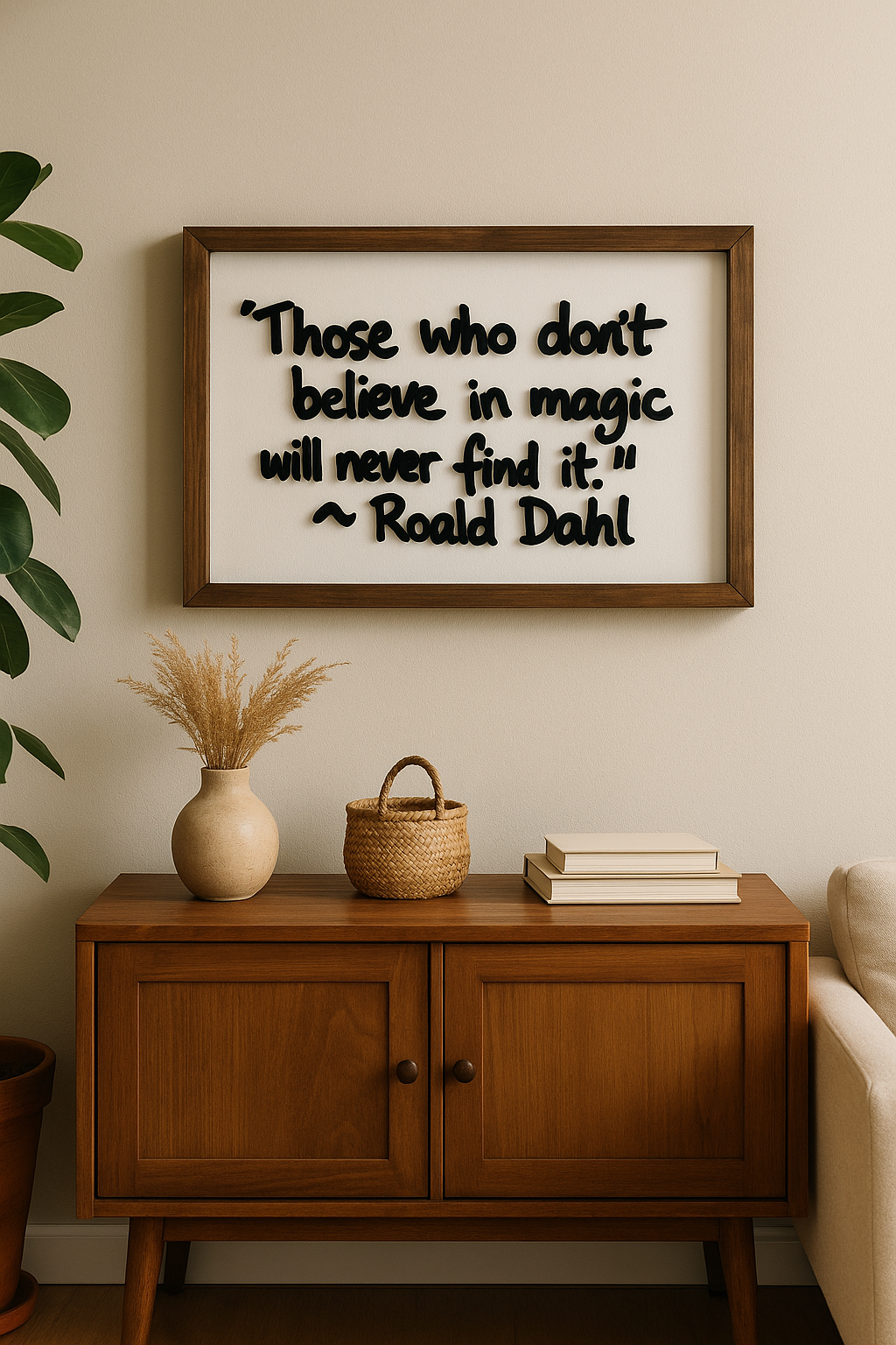 Framed Roald Dahl quote above a wooden cabinet with decorative items.