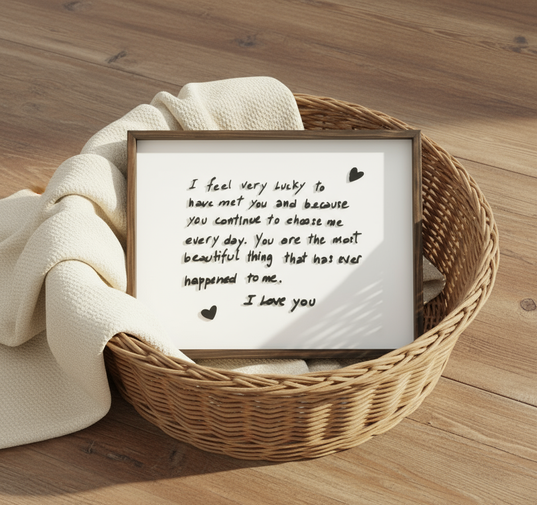Framed love letter on a wooden surface with a blanket