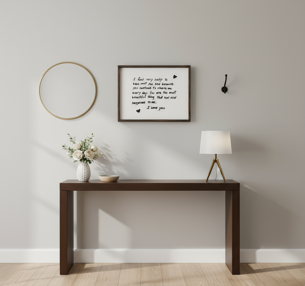 Modern interior with a wooden console table, lamp, and decorative items against a plain wall.
