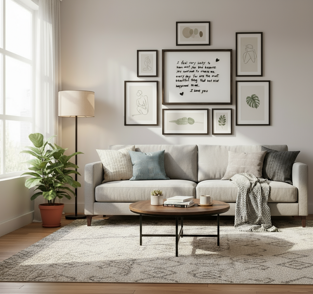 Living room with a gray sofa, round wooden coffee table, and framed artwork on the wall.