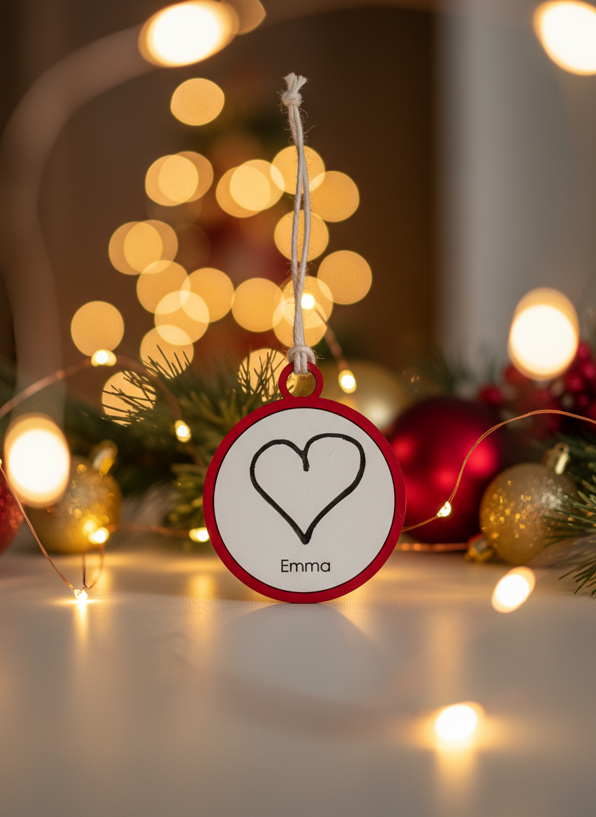 Decorative ornament with a heart design and the name 'Emma' on a blurred Christmas background with lights.