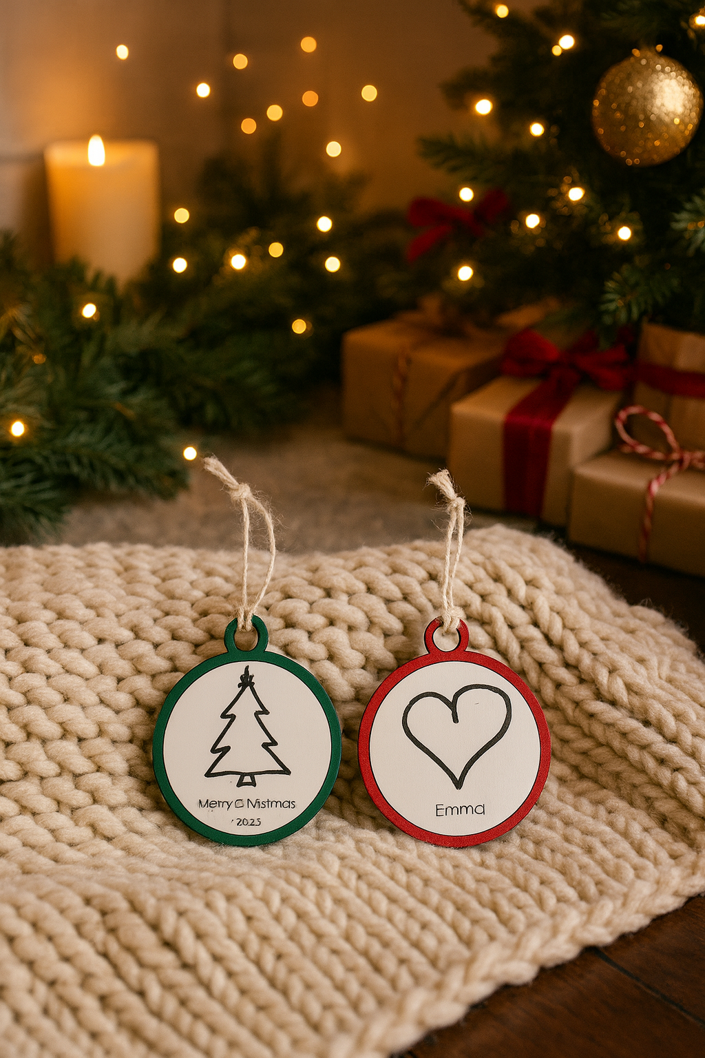 Two Christmas ornaments with tree and heart designs on a textured surface with a decorated tree in the background.