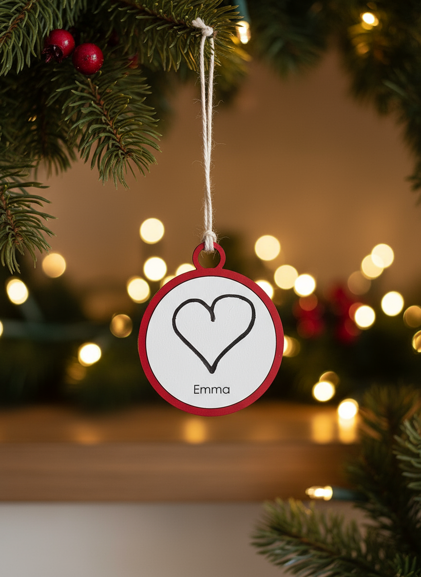 Decorative ornament with a heart design and the name 'Emma' hanging on a Christmas tree.